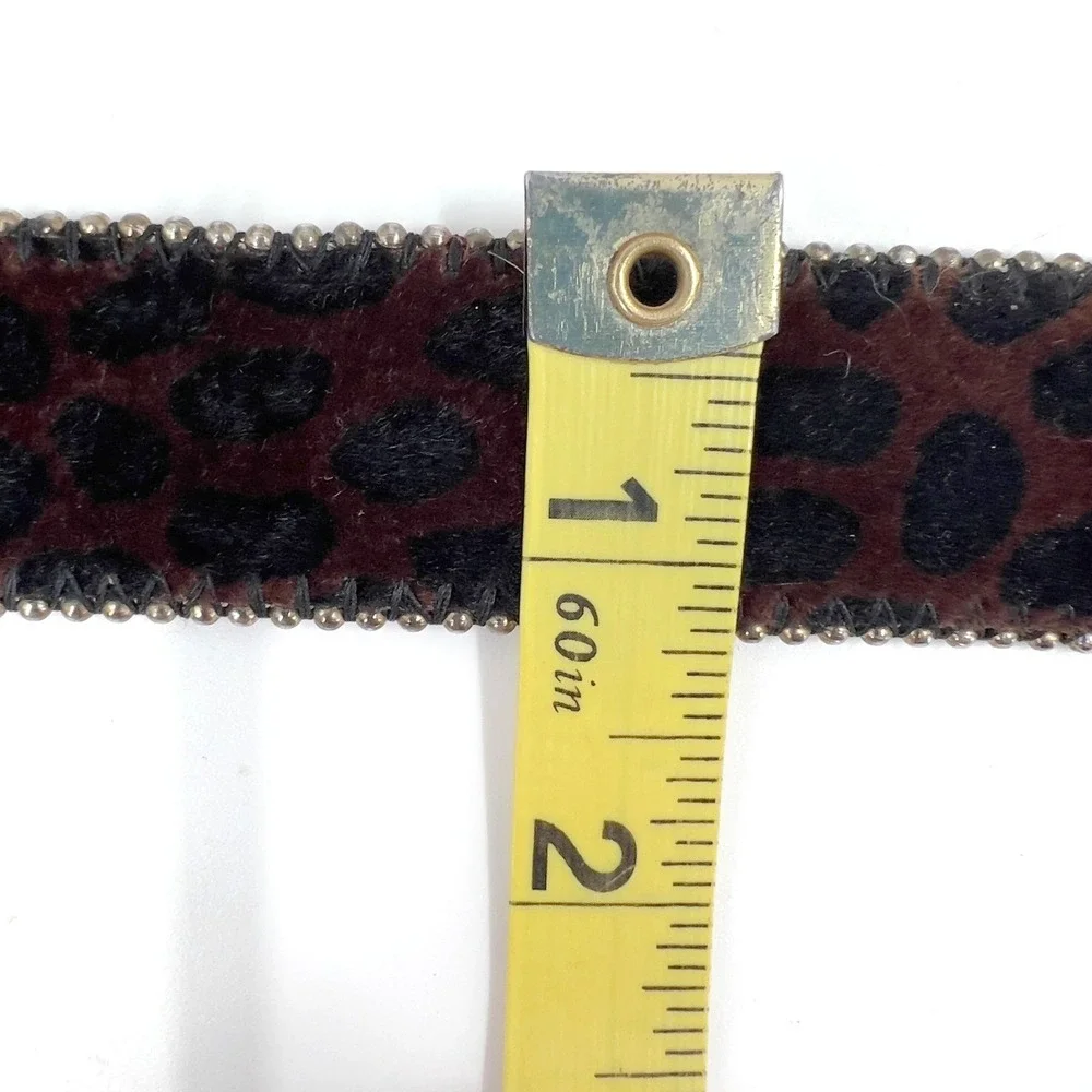 Women's Brown Leopard Faux Pony Hair Belt Beaded Edge Statement Vintage 90s L